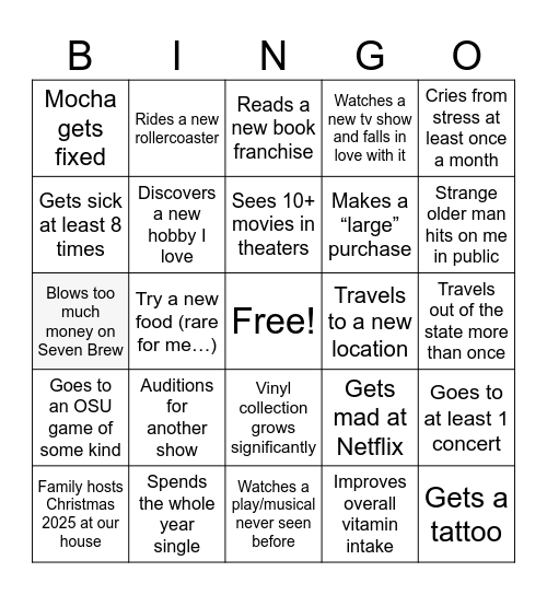 My 2025 Year Bingo Card