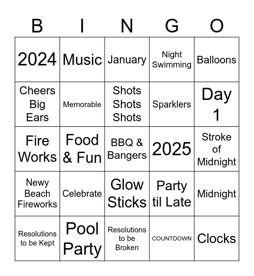 New Years Eve 2024 Bingo Card