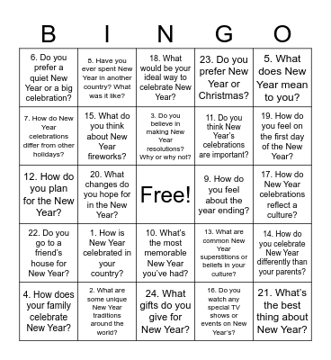 B1 LEVEL QUESTIONS NEW YEAR Bingo Card