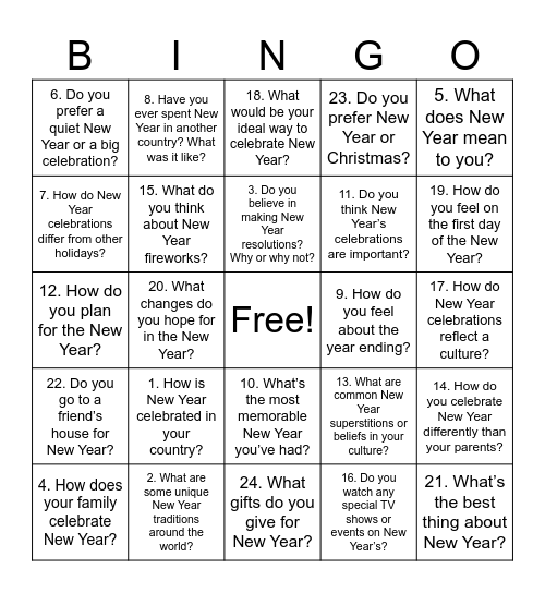 B1 LEVEL QUESTIONS NEW YEAR Bingo Card