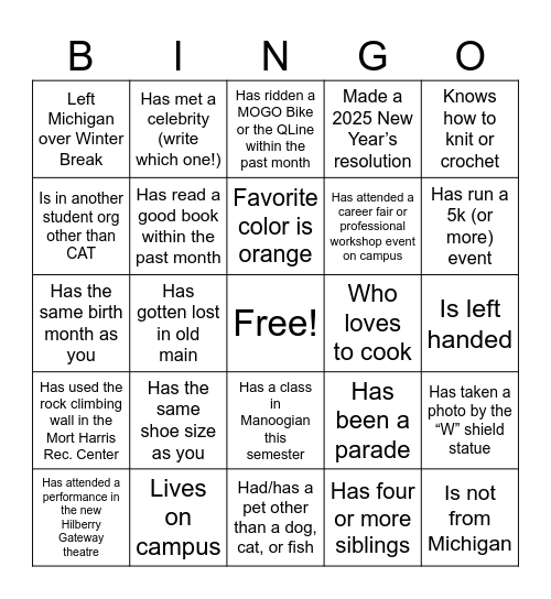 CAT “Get to Know You” Bingo Card