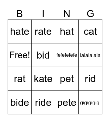 english Bingo Card