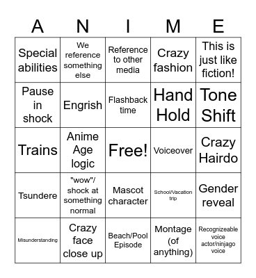 Anime Trope Bingo Card