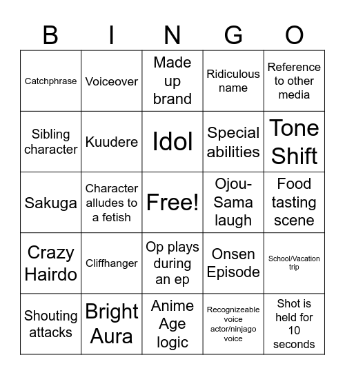 Anime Trope Bingo Card