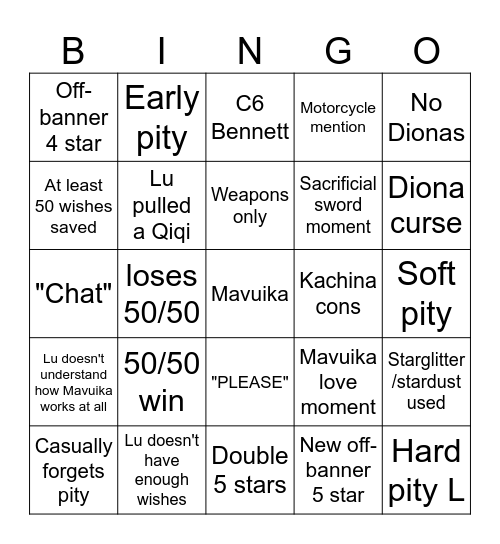 Lu Wishing Bingo Card