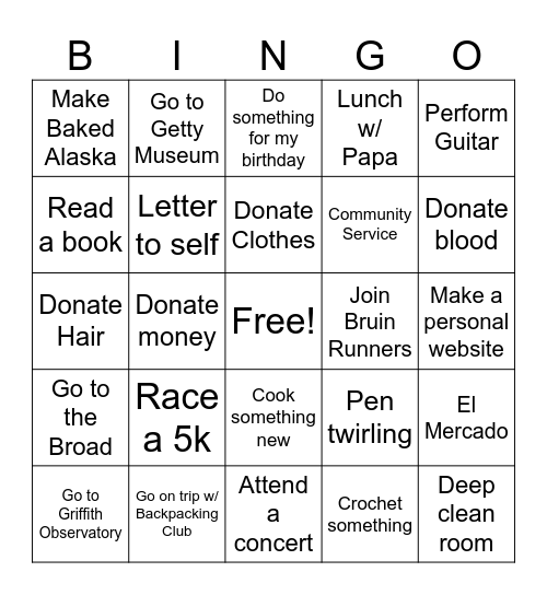 New Year's Resolution BINGO Card