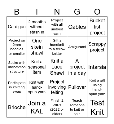 Knitting 2025 Bingo Card