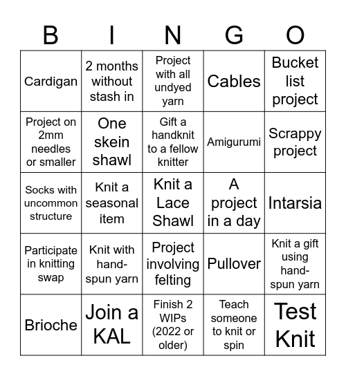 Knitting 2025 Bingo Card