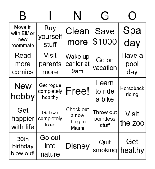 New year resolution Bingo Card