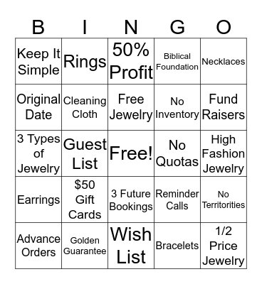 Premier Jewelry BLINGO Bingo Card