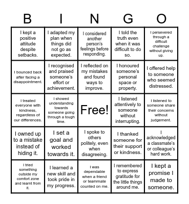 4 Respect Class Bingo Card