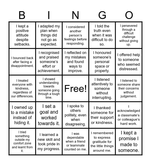 4 Respect Class Bingo Card