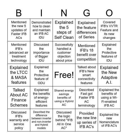 IFB AC Sales Champion Bingo Card