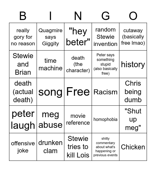 Family Guy Bingo Card