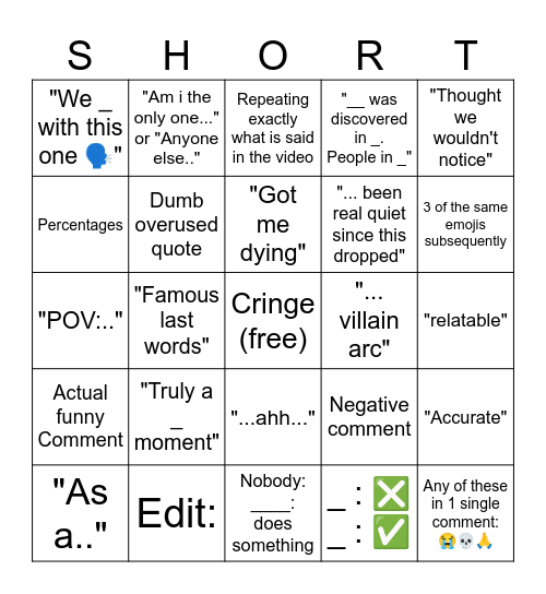 YT Shorts Comments Bingo Card