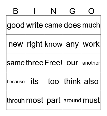 Sight Words Bingo-4th Grade Bingo Card