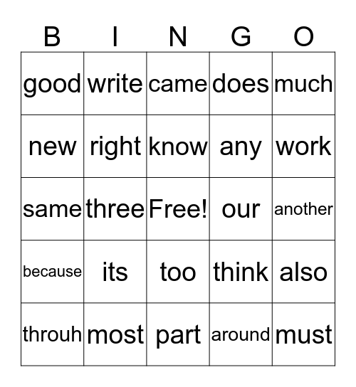 Sight Words Bingo-4th Grade Bingo Card