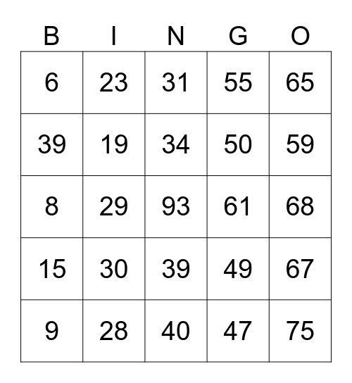 Number Bingo 1-75 Bingo Card