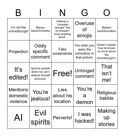 David London Facebook response Bingo Card