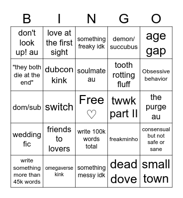 2025 ao3 Bingo Card