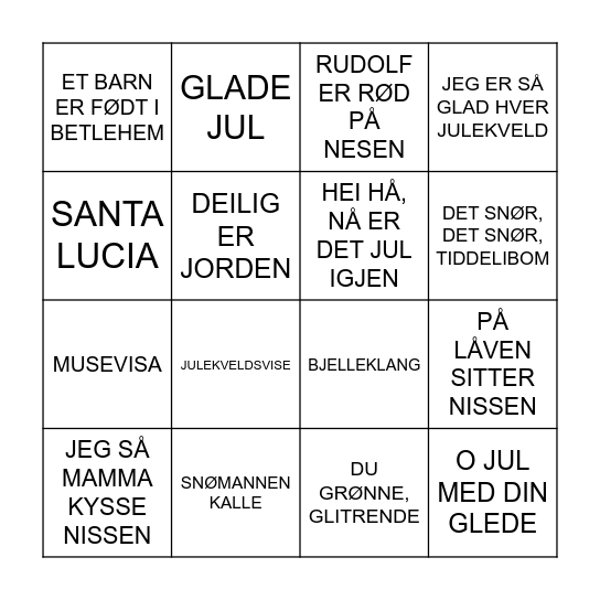 Julemusikkbingo barn Bingo Card