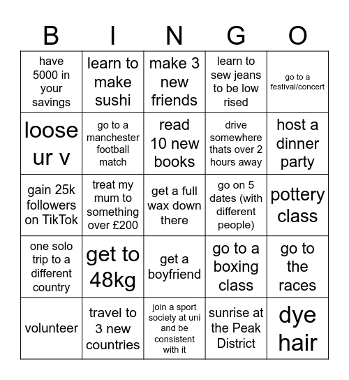 2025 goals Bingo Card