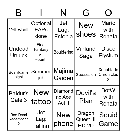 New Year's Bingo Card