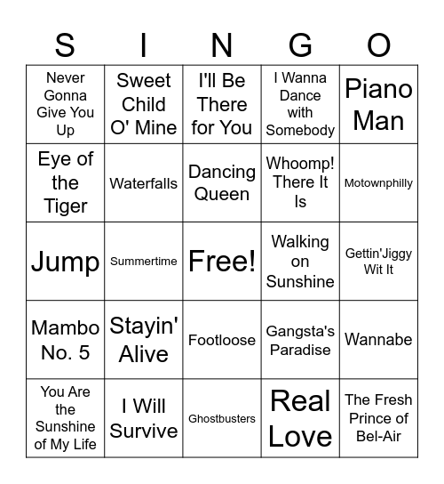 SINGO! Bingo Card