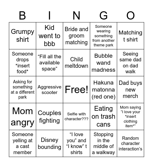 WDW Bingo Card