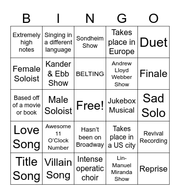 Musical Theatre Song Bingo Card