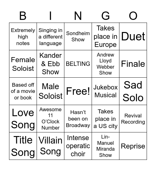 Musical Theatre Song Bingo Card