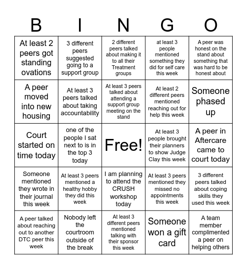 Drug Treatment Court Bingo Card