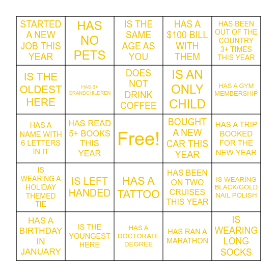 NYE BINGO - FIND SOMEONE WHO... Bingo Card