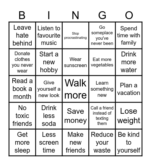 New Year's Resolutions Bingo Card