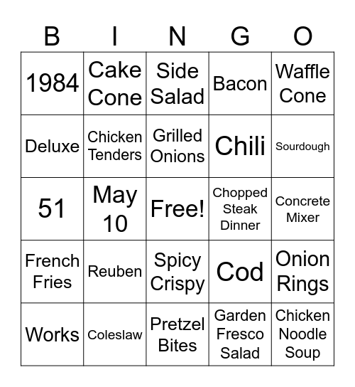 Culver's Bingo Card
