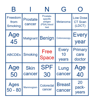 Cancer Prevention Bingo Card