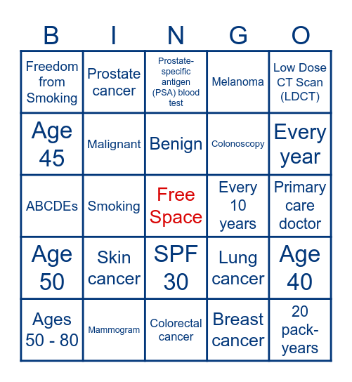 Cancer Prevention Bingo Card