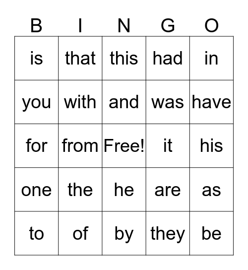 sight words Bingo Card