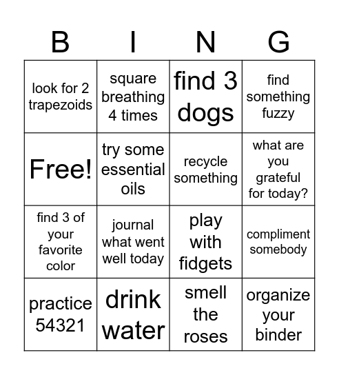 Mindfulness Bingo Card
