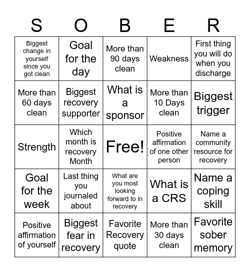 Recovery Bingo Card