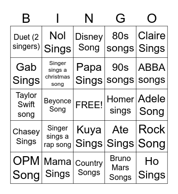 Roperos Karaoke Bingo Card