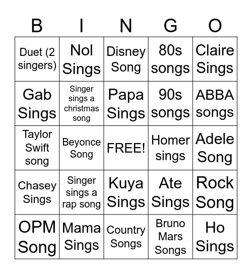 Roperos Karaoke Bingo Card