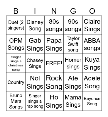 Roperos Karaoke Bingo Card