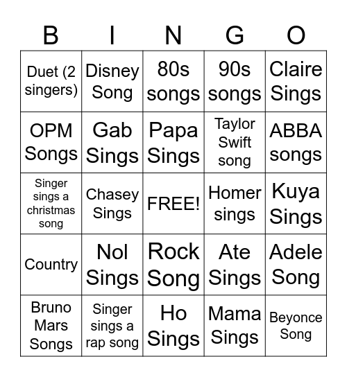 Roperos Karaoke Bingo Card