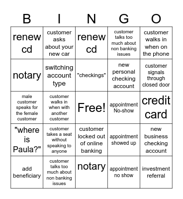 Joe D'Banker Bingo Card