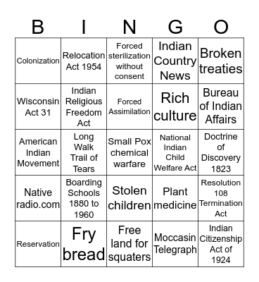 Native American Bingo Card