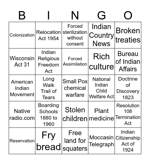 Native American Bingo Card
