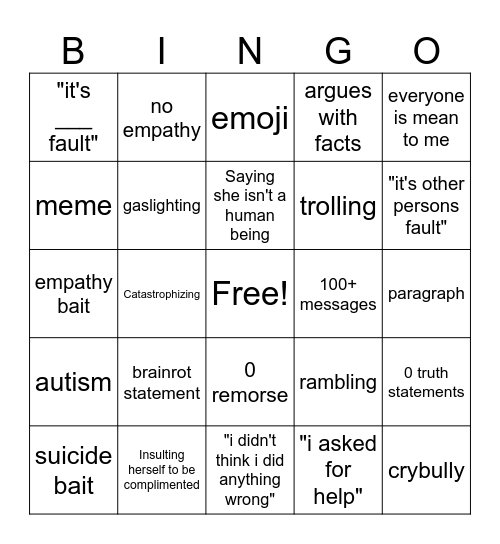 crybaby bingo Card