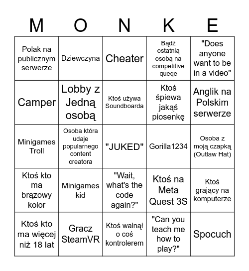 Gorilla Tag Bingo (Polskie) Bingo Card