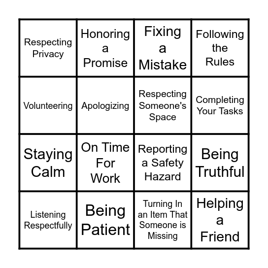 Ethical Behavior Bingo Card